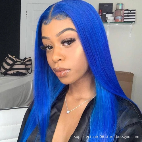 wholesale Indian Virgin Human Hair Blue Colored Lace Frontal Wig Vendor Lace Front Wig Human Hair For Black Women